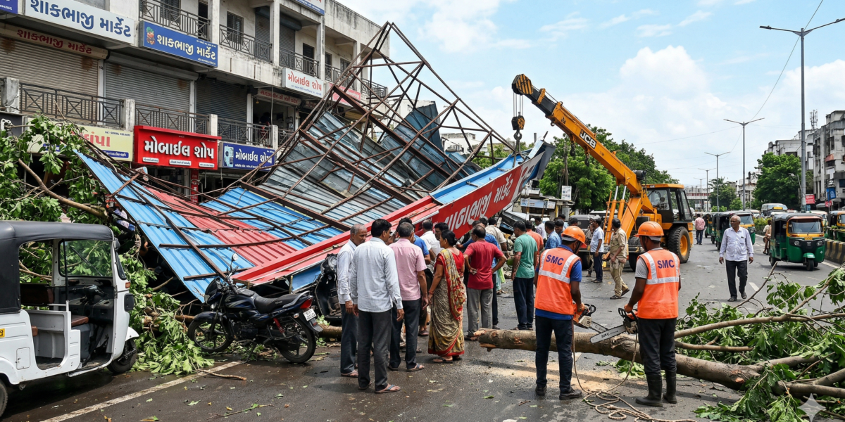 સુરતમાં મિની વાવાઝોડાનો કહેર: પર્વત પાટિયામાં હોર્ડિંગ પડતા યુવકનું મોત, શહેરભરમાં ઝાડ અને પતરા ઉડ્યા