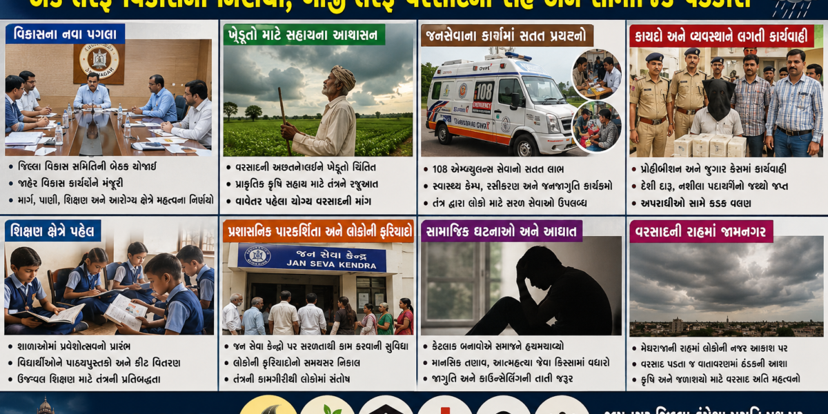 જામનગર જિલ્લામાં વિકાસ, વહીવટ, જનસેવા અને ચિંતાજનક ઘટનાઓનો વ્યસ્ત દિવસ: એક તરફ વિકાસના નિર્ણયો, બીજી તરફ વરસાદની રાહ અને સામાજિક પડકારો