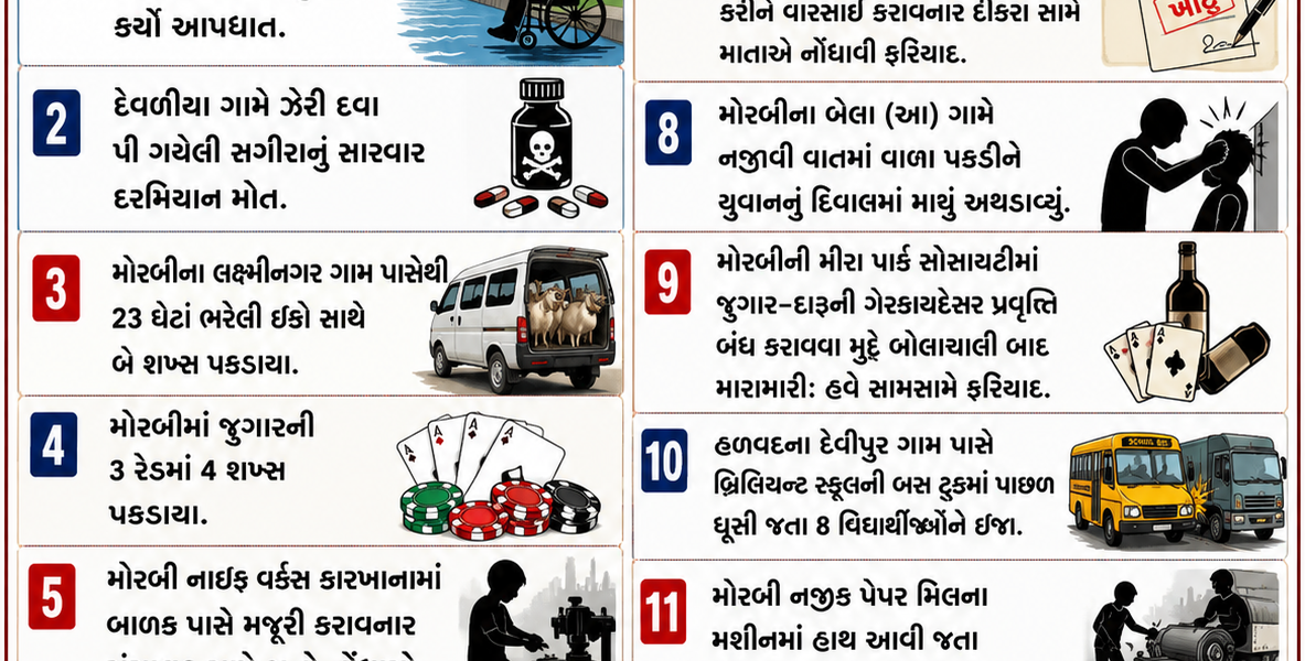મોરબી જિલ્લામાં ગુના, અકસ્માત અને કરુણ ઘટનાઓનો સિલસિલો કાયદો-વ્યવસ્થા અને સામાજિક જાગૃતિ બંને સામે પડકાર