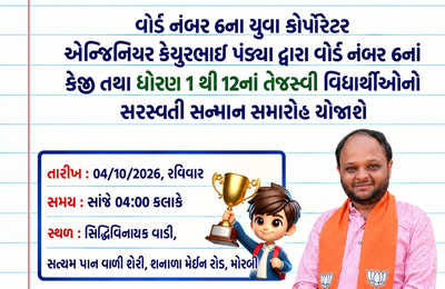વિદ્યાર્થીઓની મહેનતને મળશે મંચ: મોરબી વોર્ડ નં. 6 માં KG થી 12 ના હોનહાર વિદ્યાર્થીઓનું થશે ‘સરસ્વતી સન્માન’